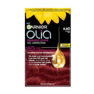 Garnier Olia 6.60 Intense Red, oil-powered, no-ammonia. 100% grey coverage. Luminous, long-lasting, vibrant intense red hair color with ultimate shine and softness.